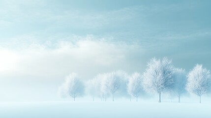 A serene winter landscape with frosted trees and a misty atmosphere.