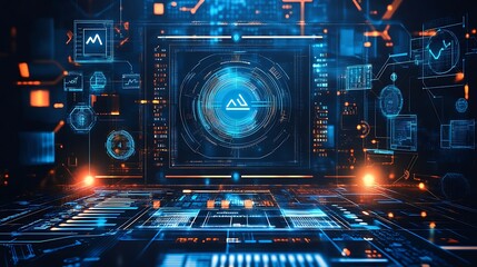 Clean blue background with geometric patterns and illuminated details, symbolizing a tech-oriented design