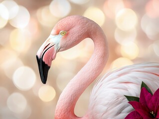 A pink flamingo with a red flower in its beak