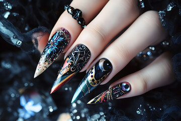 artistic nail art with intricate cosmic and floral designs, dazzling embellishments, and bold statement colors for elegant and luxurious manicure inspiration