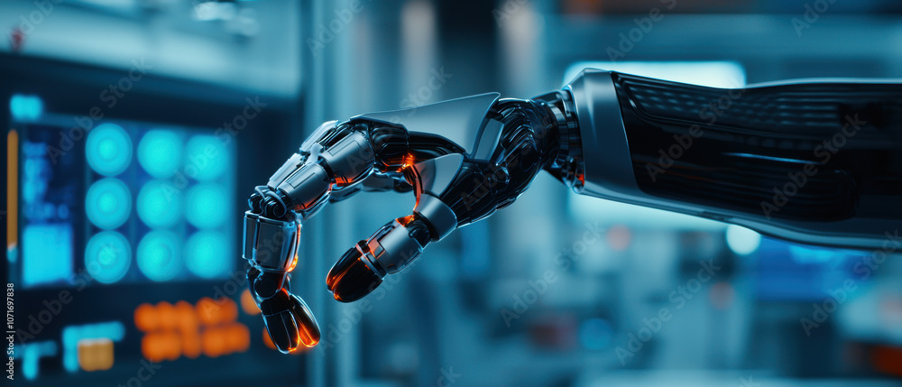 Aufkleber a futuristic robotic hand interacts with advanced technology, showcasing intricate designs and glowi