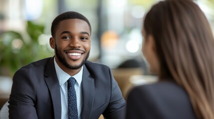 A professional man smiles warmly during an engaging conversation with a woman in a stylish setting.