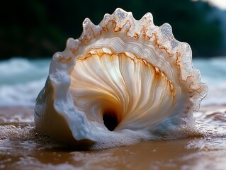 A close up of a shell on the beach