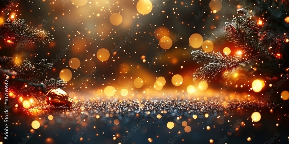 Poster glittering holiday background with soft bokeh effect and festive ornaments creating a magical atmosp