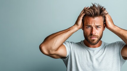 A handsome man styling his hair with a contemplative expression, captured in modern style reflecting personal grooming and introspection against a plain backdrop.