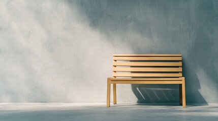 A minimalist wood bench against a soft gray gradient background showcasing delicate precision and strong line work in a serene setting
