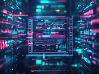 Obraz premium Investor dashboard in abyss, hologram data charts, futuristic financial analysis
