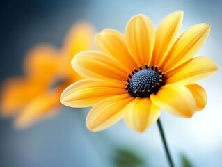 A close up of a yellow flower with a blue center