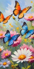 Colorful butterflies flutter gracefully above a vibrant array of wildflowers, creating a lively and cheerful atmosphere in a sunlit meadow. Generative AI