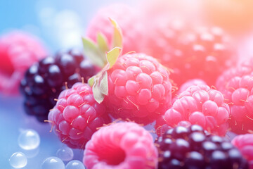 Fresh raspberries and blackberries with water droplets