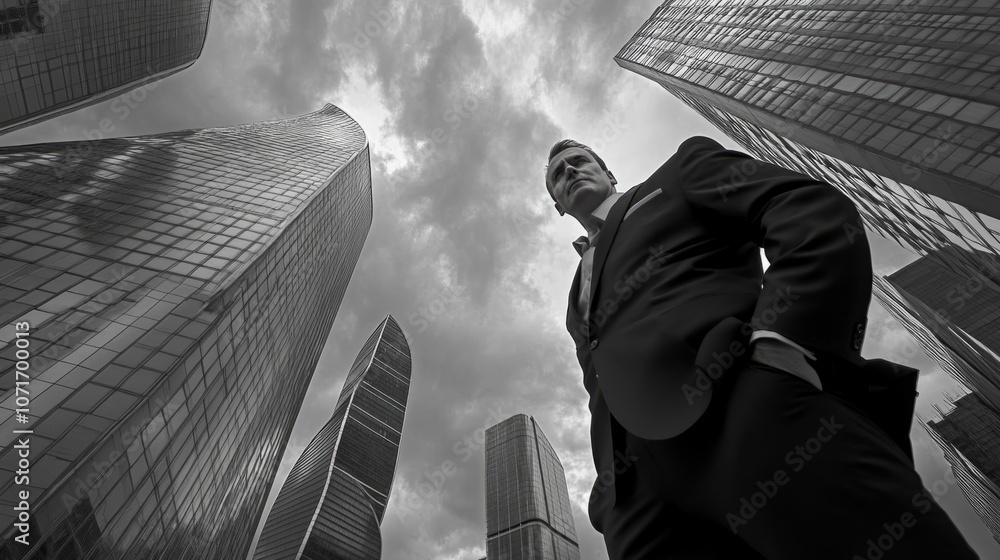 Poster a man in a suit stands in front of a tall building