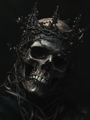 Skull with Thorned Crown and Twigs in Dark Gothic Style