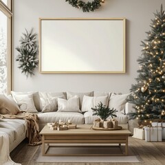 Blank poster in thin frame mockup. Empty frame on wall in light modern living room interior, decorated Christmas tree. Horizontal artwork template, winter holiday designs place here.	