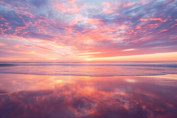 Obraz premium A mesmerizing sunset sky where the clouds are painted in shades of pink, orange, and purple, reflecting the last light of the day over a calm ocean.