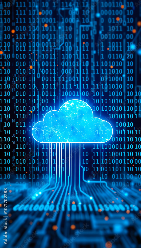 Poster blue cloud icon with binary code data stream representing cloud computing digital technology background vertical format