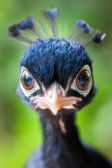  A close up of an emu's head with a green background