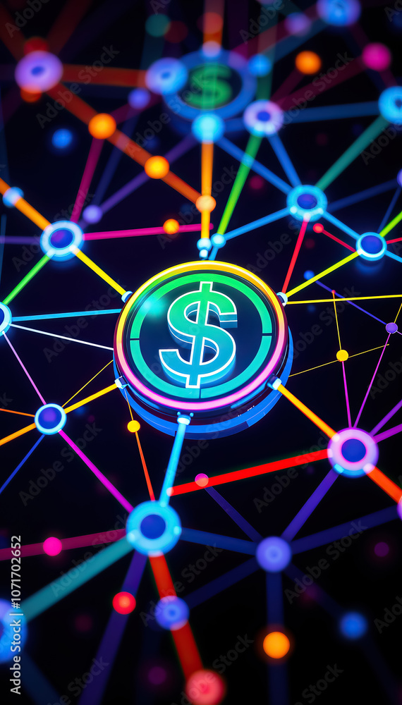 Poster dollar sign in center of interconnected glowing digital nodes representing fintech global economy ve