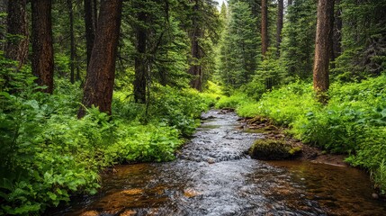 Obraz premium A dense forest with a small, sparkling creek running through it, providing essential hydration to the trees and plants. 