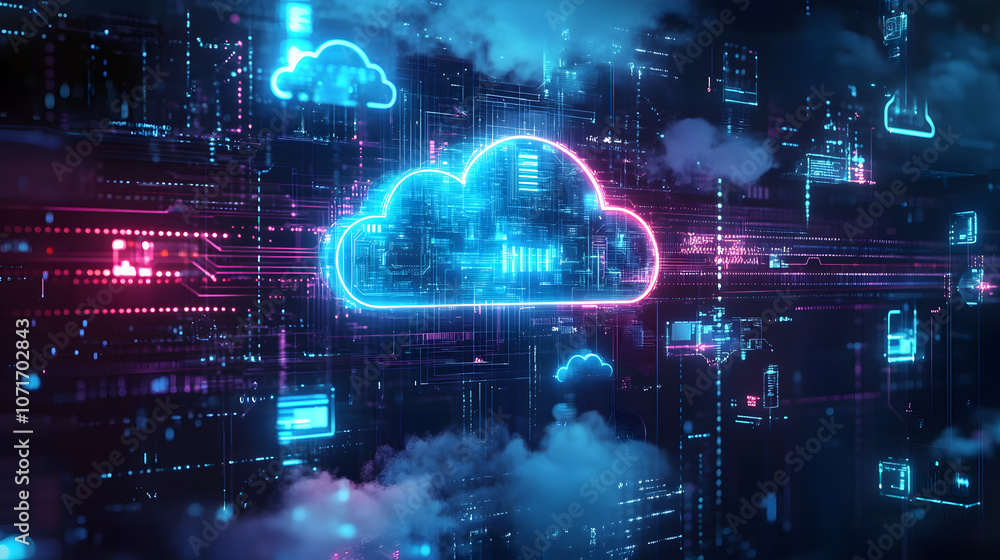 Poster futuristic representation of cloud technology with data connections and digital interfaces, illustra