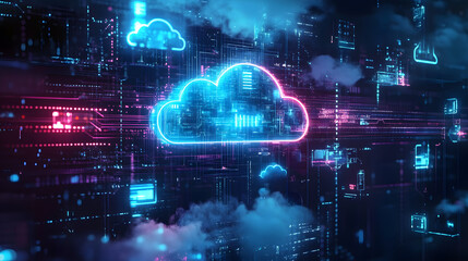 Futuristic representation of cloud technology with data connections and digital interfaces, illustrating modern cloud computing concepts.