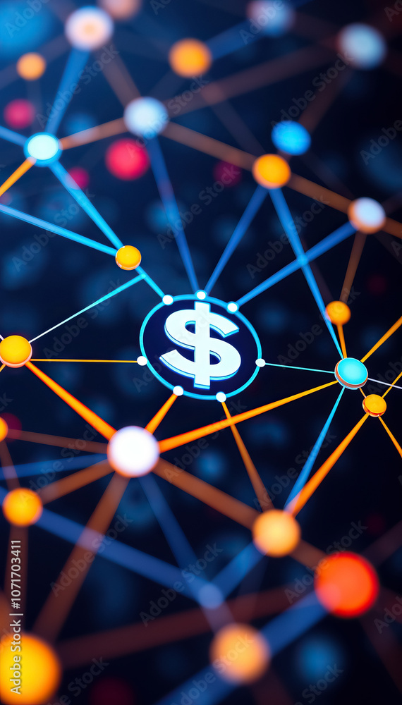 Poster dollar symbol glowing within digital network lines representing financial technology economy vertica