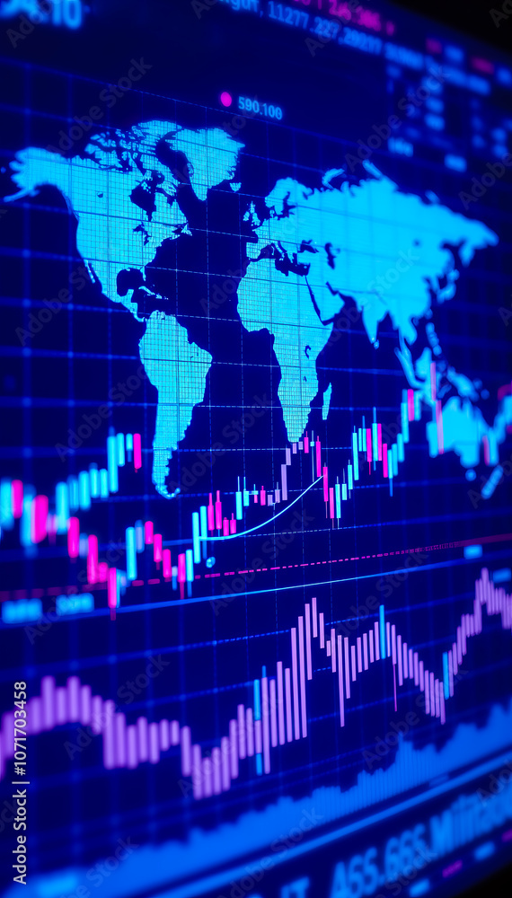 Poster financial stock market chart with world map in background showing data analytics trends vertical format