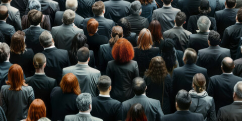 Obraz premium A large crowd of business people in suits from above.