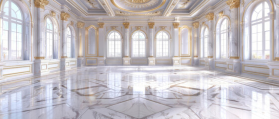 Obraz premium A large, empty room with white marble floors and gold accents, featuring designs and decorations, with the smooth and shiny floor reflecting the light from the windows.
