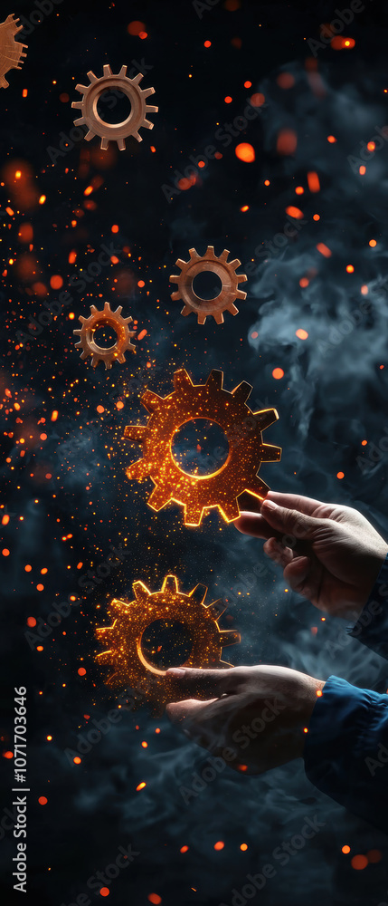 Poster a mesmerizing display of glowing gears floating around hands, symbolizing innovation and creativity 