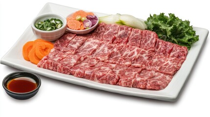 Fototapeta premium Freshly Prepared Beef Platter with Veggies and Sauce