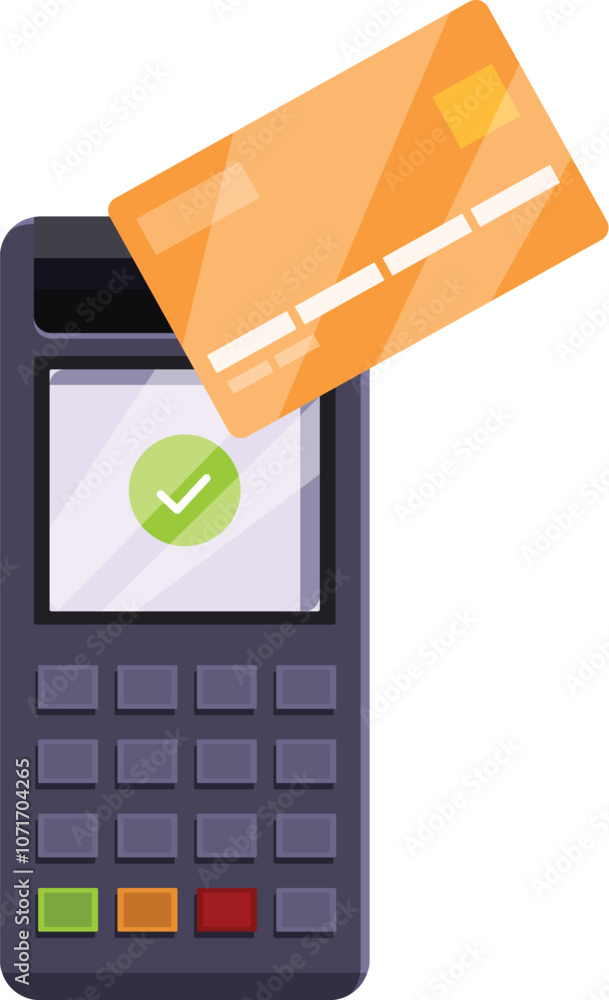Poster credit card hovering over pos terminal displaying a green check mark, indicating successful contactl
