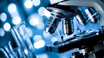 Fototapeta premium High-detail close-up of a microscope lens focusing on a slide, set in a clean and sterile laboratory