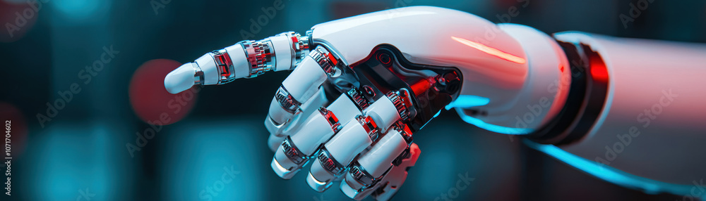 Poster a futuristic robotic hand points, showcasing intricate mechanics and glowing elements in a dynamic, 