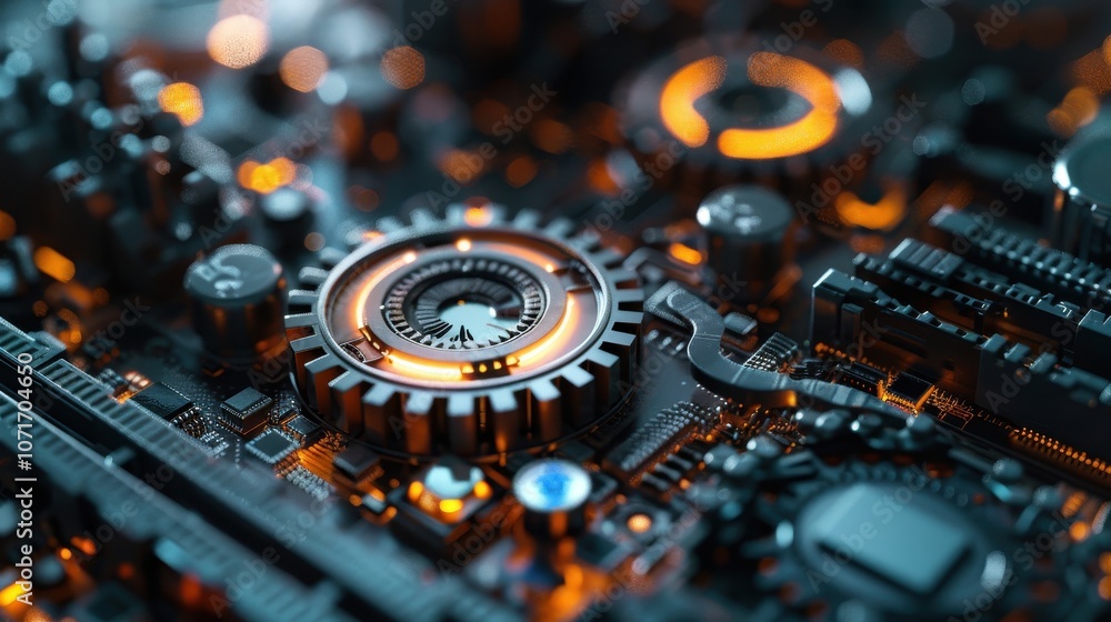 Poster close-up of a futuristic circuit board with glowing components and intricate details.
