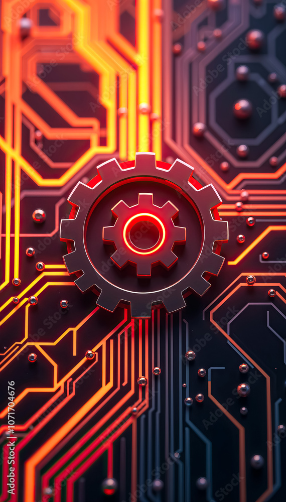 Poster red orange futuristic circuit board with glowing gear symbol digital technology innovation vertical 