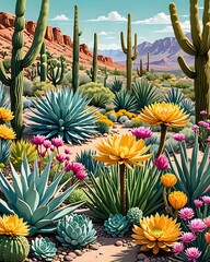 Obraz premium Lively Desert Scenery Featuring Cacti and Wildflowers. Striking Depiction of Dry Allure and Rough Landscape.