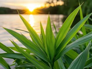 Obraz premium A close up of a plant with the sun setting in the background