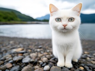 Obraz premium A white cat sitting on a rocky beach next to a body of water
