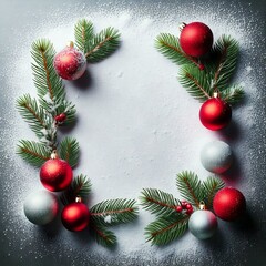 Baubles and spruce branches surrounding a sheet of paper. Christmas background