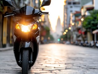 A motor scooter parked on the side of a street