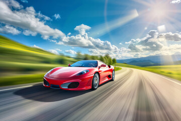 A red sports car driving on the road in motion blur on a sunny day with a blue sky and green landscape in the background.