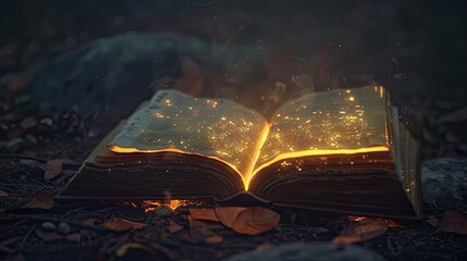 A magical open book with glowing pages