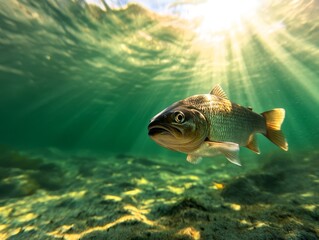 A fish swimming in the water with the sun shining through the water