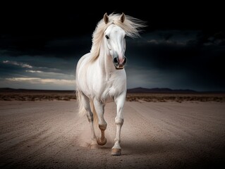 Obraz premium A white horse running in the desert under a cloudy sky