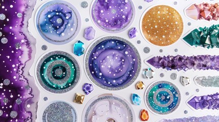 Sticker sheet of galaxies and stars with crystals, in purple, blue, green, silver, and gold