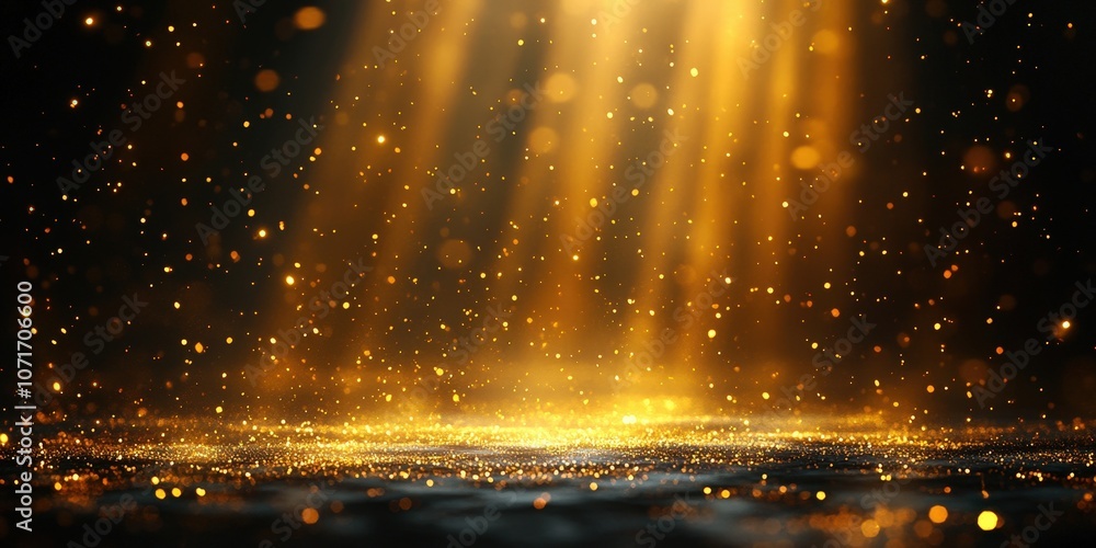 Poster golden light rays penetrating dark space creating magical sparkling effects on ground surface for ba