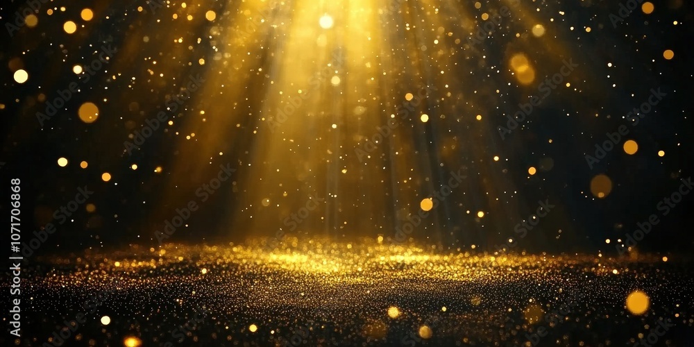 Poster glimmering golden light rays with sparkling particles creating a magical atmosphere for backgrounds,
