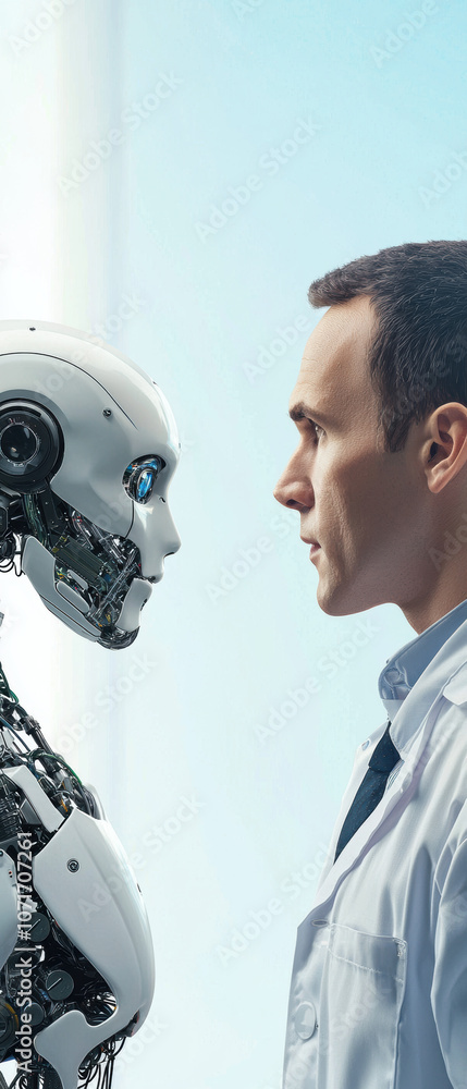 Poster a robot and a human engage in a face-to-face interaction, highlighting themes of artificial intellig