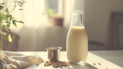 Soft focus photo of soy milk in a tall glass with soybeans scattered on a table, natural light illuminating a calming kitchen setting