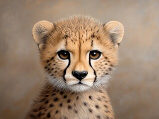 A painting of a cheetah cub looking at the camera